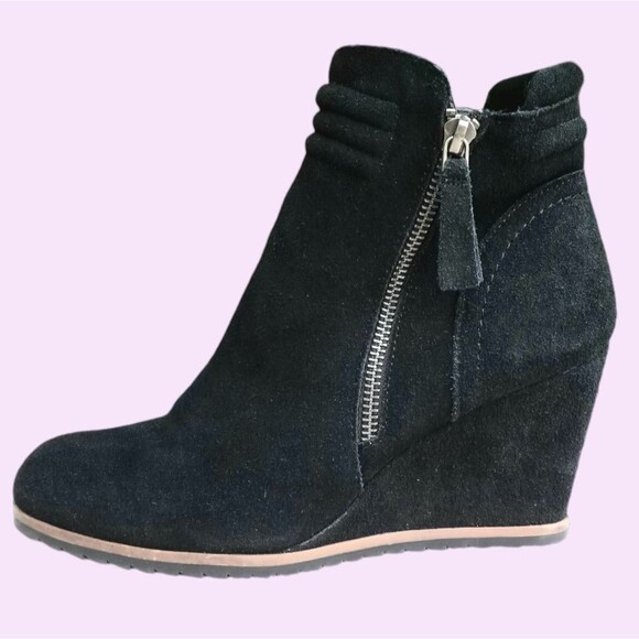 Shoes - Very Cherry Leather Ankle Booties Black Suede Wedge Heel Comfort Boots Size 7.5